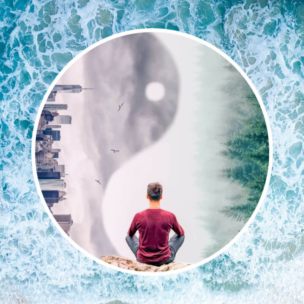 logo for benjamin yeh's business transformation coaching: ben seated in lotus position against a backdrop of a yin-yang, a cityscape, trees, and ocean water balance