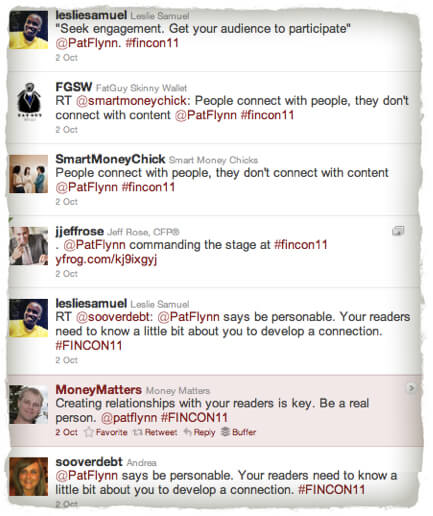 FINCON Tweets FINCON Tweets, showing quotes from the session and compliments for Pat's speaking.