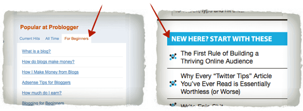 Starting Points on Existing Blogs Starting Points on Existing Blogs, showing sidebar content with articles listed under "For beginners" or "New here? Start with these."