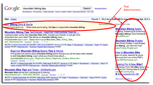 mountainbikingads Out of date screenshot of Google search results highlighting where paid advertisements live