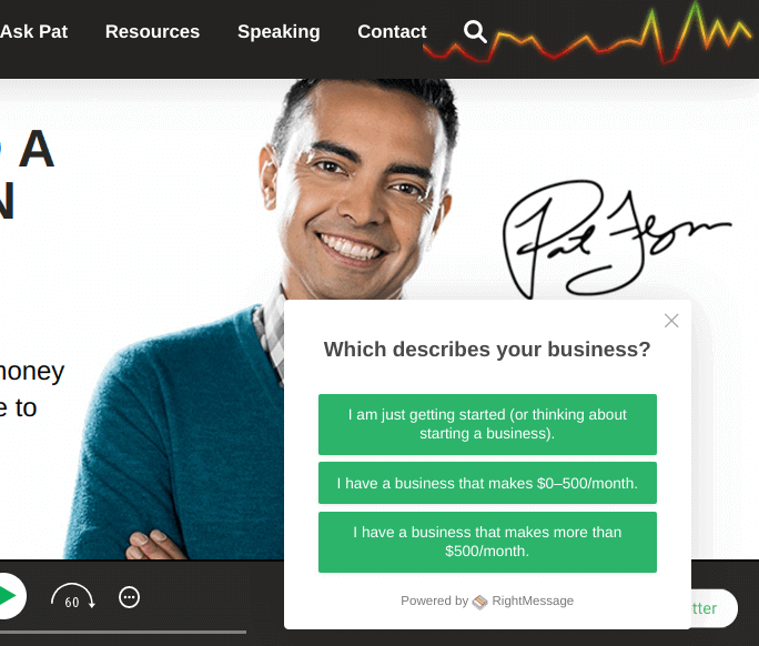Image of the previous SPI homepage with a pop-up toaster box in the lower right. It asks the question "Which describes your business?" There are three buttons with the following answers:
"I am just getting started (or thinking about starting a business)."
"I have a business that makes $0–500 per month."
"I have a business that makes more than $500/month."