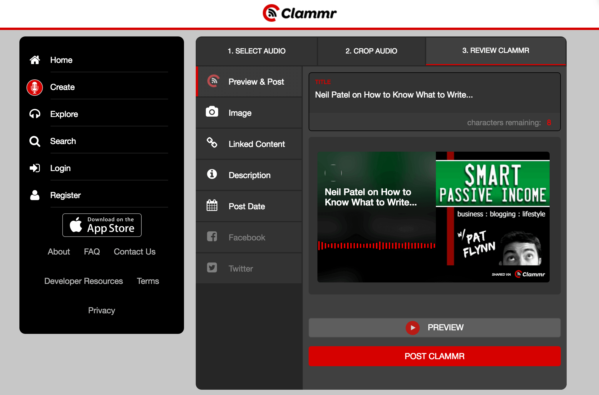 Processing the Smart Passive Income Podcast on Clammr interface: Steps are:
1. Select Audio
2. Crop Audio
3. Review Clammr
The podcast logo is featured in the image, along with a sound wave visualizer.