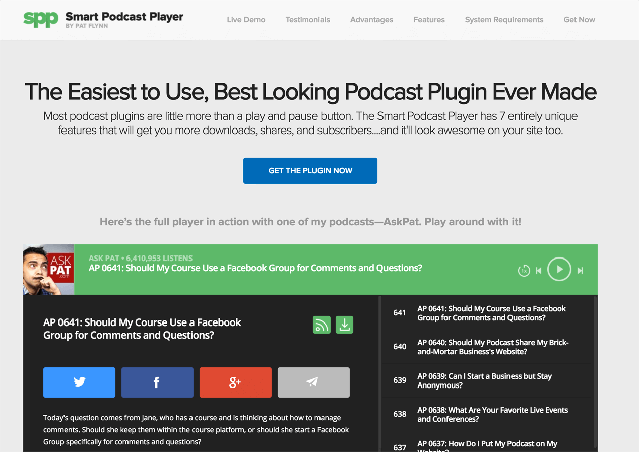 Smart Podcast Player home page, with the headline "The Easiest to Use, Best Looking Podcast Plugin Ever Made"
Below the headline is some descriptive text, followed by a blue "Get the Plugin Now" button. Underneath that is the embedded full player, showing the entire archive of the Smart Passive Income Podcast.
