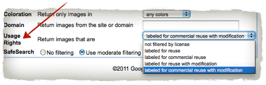 Image Usage Rights Search Dropdown box to select image usage rights