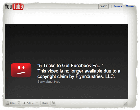 Don't Steal! Screenshot of the stolen video, with the notice "This video is no longer available due to a copyright claim by Flyndustries, LLC. Sorry about that."